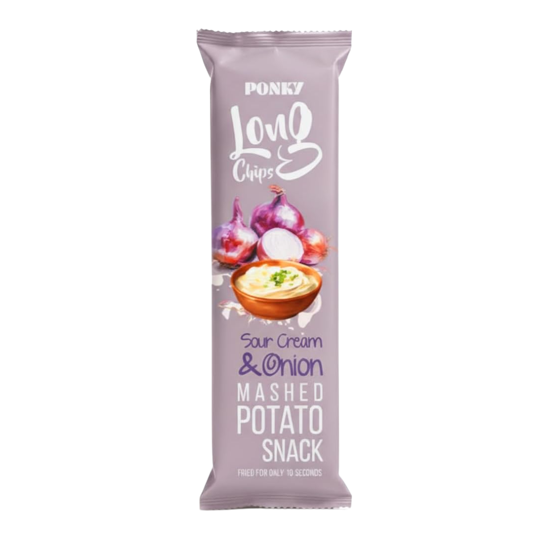 Ponky Long Chips – Snack de pommes de terre saveur crème aigre et oignon, 75 g